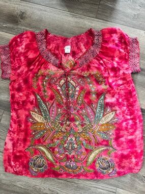 Bila Pink Medallion Peacock Boho Blouse Plus Size XXL Beaded Tassel Sequin